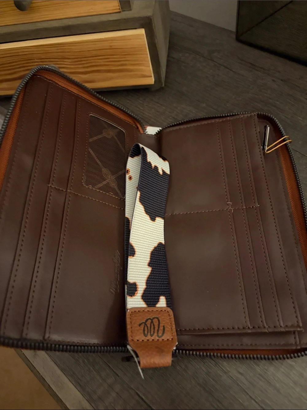 Wrangler Brown & White Cowhide-Pattern Zip Wallet with Braided Trim